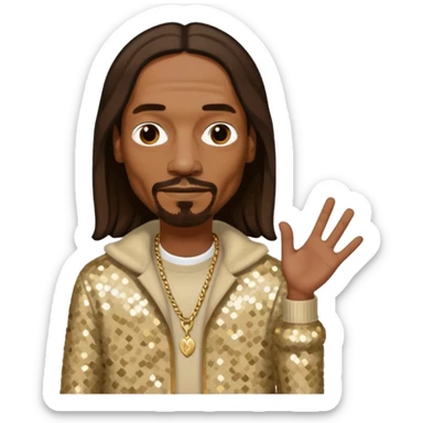 Snoop Dogg with long dark brown hair, beige sequin outfit sticker