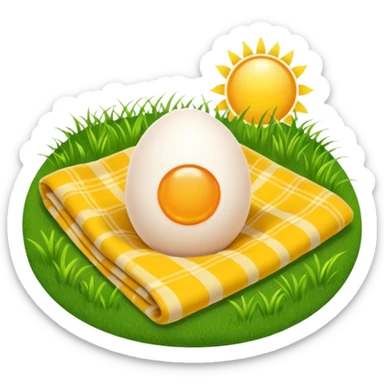 An egg on a blanket in the grass with the sun in the sky sticker