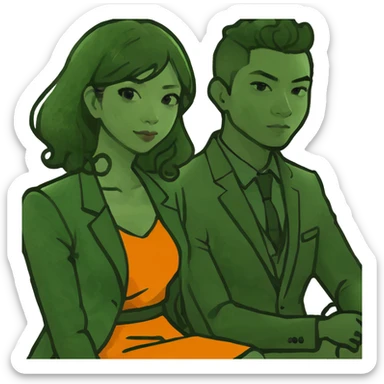 Asian straight hair women sit on asian curly hair men sticker