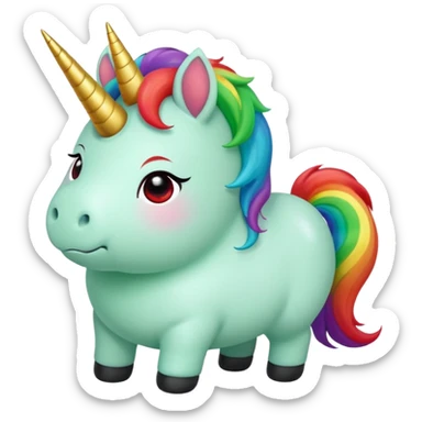 Small chubby unicorn in colours of jade green, black and red eyes, farting rainbow sticker