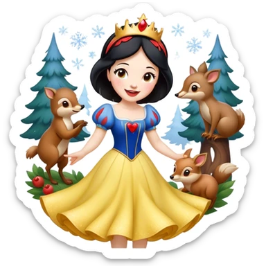 Cinematic Playful Snow White Portrait Emoji, Laughing while dancing with woodland animals, dress twirling gracefully, a whimsical sparkle in her eye, radiating charm and pure delight! sticker