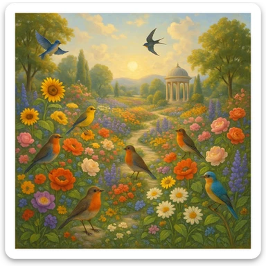 utopian garden with flowers, birds, and no cats in sight sticker