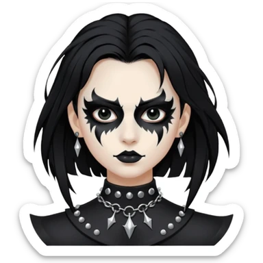 Crea una ragazza con stile black metal,  paint face black metal, capelli neri mossi dalle spalle e occhi bianchi e un collare con borchie a punta sticker