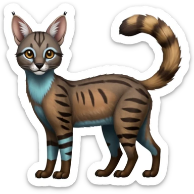 Realistic patterned marked edgy bluish greyish blackish whitish silvery coppery Shiny Colorful Dusky Dark Gloomy Glossy Genet-Caracal-Lion-Bobcat-fusion-animal-hybrid-creature, full body, tufted ears, long thin tufted tail sticker