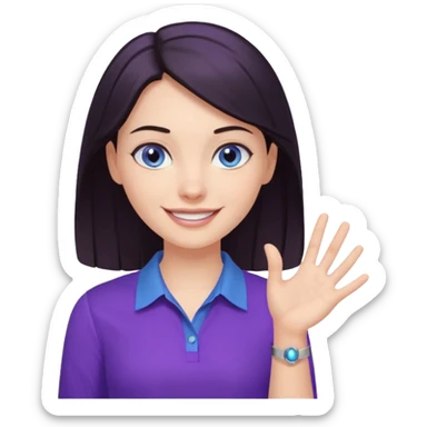 Grinning dark hair woman with blue eyes, wearing purple shirt - explaining something with her hand

 sticker