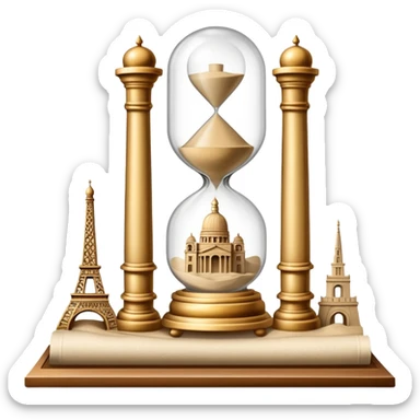icon featuring ancient scrolls, quill pen with famous historical landmarks and monuments in the background. Large, antique sand clocks with sand pouring out represent the passage of time. Historical figures are depicted as statues. Transparent background. sticker