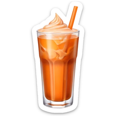 Cinematic Realistic Thai Ice Tea Drink Emoji, depicted as a chilled glass of sweet, creamy iced tea rendered with vivid textures and refreshing, dynamic lighting. sticker