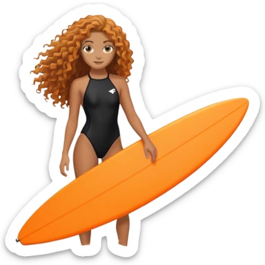 Surfer girl with black swimsuit and orange surfboard and long curly hair sticker