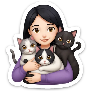 happy girl with black hair hugging three cats  (black cat, gray cat, brown calico cat) sticker