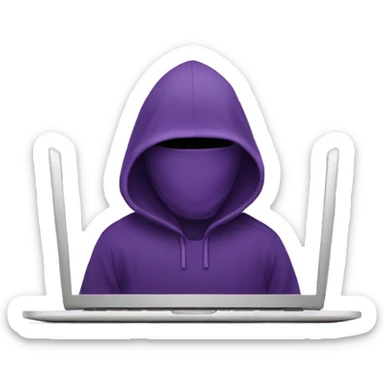 A hooded person behind a laptop purple sticker