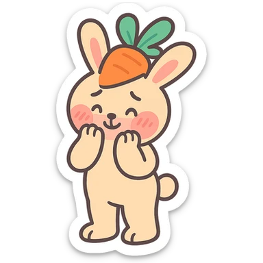 full-body beige bunny with carrot hat, blushing shyly, paws touching cheeks, bashful expression, pastel tones sticker