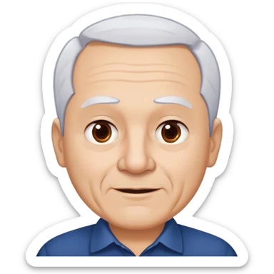 Charismatic older Hispanic man with light skin, round face, wide jaw. Lively dark brown eyes that look humorous. Thick straight eyebrows. Short white hair with receding hairline. Clean-shaven. Wearing a dark blue shirt. sticker