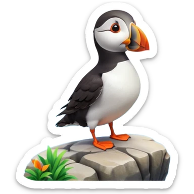 A 3D cartoon puffin bird standing on a rock near the sea, soft daylight, bright colors, realistic Memoji-style. sticker