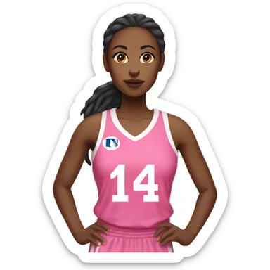 Black women with a white and pink basketball jersey on, wearing number 14 sticker