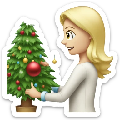Blond white women decorating a Christmas tree sticker