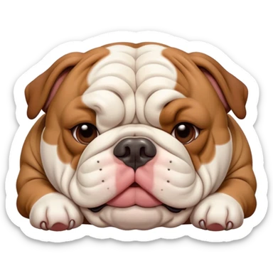 Cinematic Meme-Worthy Chubby Sleeping Brown and White English Bulldog Portrait Emoji, Head resting peacefully with a contented smile, showcasing a delightfully chubby build and a luxuriously soft brown and white coat, eyes shut in a serene nap, Simplified yet hilariously adorable features, highly detailed, glowing with a soft, drowsy light, high shine, relaxed and utterly lovable, stylized with an air of playful laziness, bright and heartwarming, soft glowing outline, capturing the essence of a comically sleepy guardian, so meme-worthy it feels like it could instantly become the next viral sensation of adorable slumber! sticker