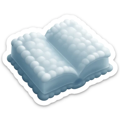 top view of a thick open book made entirely of small, very bright white fluffy convex clouds, matte glass style sticker
