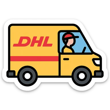 DHL driver in yellow and red driving a delivery van, minimal background, icon style sticker