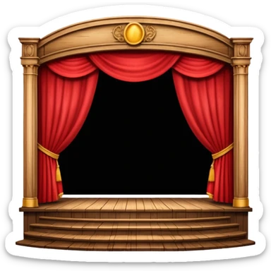 A wooden theater stage with red curtains slightly parted. sticker