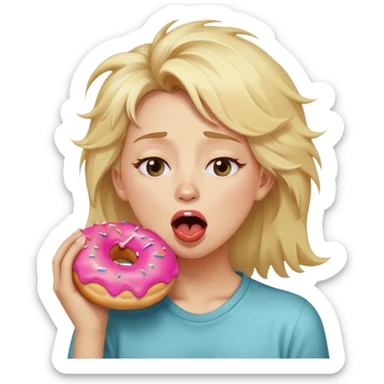 Blonde girl with messy hair with her eyes rolling back while she’s yawning thick lips and cream from a donut on her cheek sticker