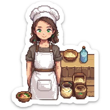 A young apprentice baker in a cozy, old-fashioned bakery. Surrounded by wooden countertops, cast iron baking trays, and a stone oven. His apron is dusted with flour, and analog timers tick beside handwritten recipe cards. The scene is textured with aged wood, metal, and soft fabric. sticker