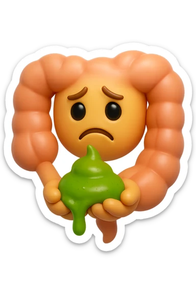 emoji stile iphone 3d di un intestino con espressione triste con cacca verde e liquida in mano , iperrealistiche 4k sticker