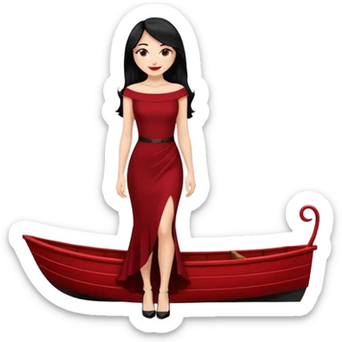 Chica blanca ,ojos marrones, vestido granate muy largo sexy escote barco,  cuerpo entero pelo negro y largo zapatos negros tacon sticker