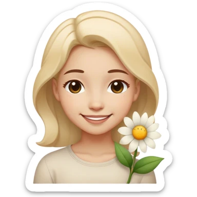 A girl smiling face with closed, curved eyes and a small flower on the side, symbolizing contentment, gratitude, and personal growth. 😊🌸 sticker