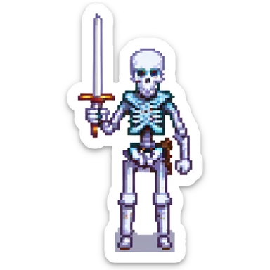 sword-wielding skeleton, pixel art, simple background sticker