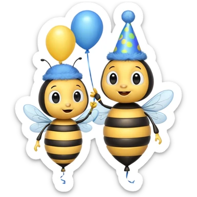 Bees with blue Birthday Hat, Excited bee carrying balloon sticker