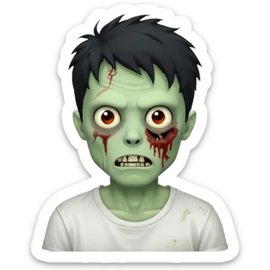 Rosto de frente classico de zombie boca meio torta cabelos medios pretos bagunçados low fade com pele verde clara camiseta branca sticker