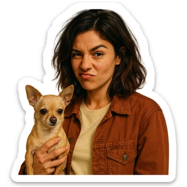 portrait of a woman with tanned skin, subtle freckles, wearing a pale yellow shirt (#FFF8CA) and rust-colored jacket, medium-length brown hair with auburn highlights, rebellious and playful expression, holding a beige-brown chihuahua, Netflix series style, transparent background sticker
