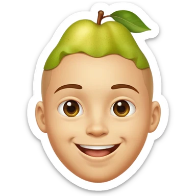 Make an image of a boy with a pear for a head with a super big smile sticker