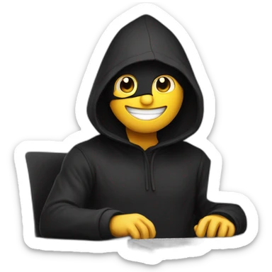 A happy Developer with a black hood behind his computer and taping on his keyboard sticker