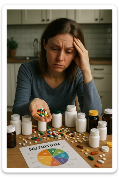 a woman in her 30s sits at her kitchen table, surrounded by dozens of supplement bottles, powders, and pills. She looks anxious and fatigued, with her head resting in one hand while the other holds a handful of colorful capsules. On the table, a nutrition chart is ignored, and her skin appears slightly dull or stressed. The mood is cautionary and educational. sticker