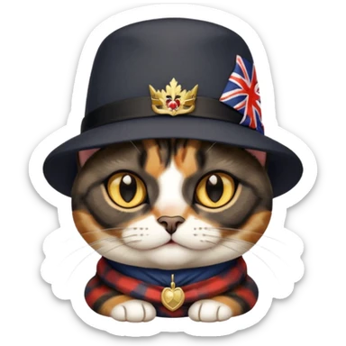 mostly black tortie cat, gold eyes, british hat sticker