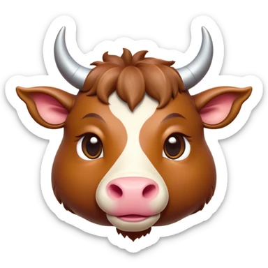 Cinematic Cute Domestic Ox Portrait Emoji, Head tilted playfully and inquisitively, with a robust, compact build and a polished hide adorned with subtle natural patterns, round, sparkling eyes full of gentle curiosity, Simplified yet irresistibly adorable features, highly detailed, glowing with a warm, friendly glow, high shine, affectionate and grounded, stylized with a touch of rustic charm, soft glowing outline, capturing the essence of a mischievous yet loving ox that feels like it could amble out of the screen into your arms! sticker