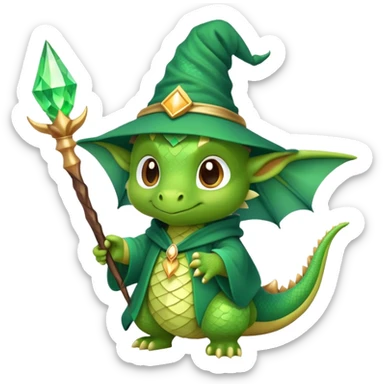 A cute dragon wearing a pointed wizard hat and robes, holding a magic wand sticker