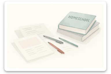 a table cluttered with paper, pens, and homeschool books, watercolor illustration style sticker