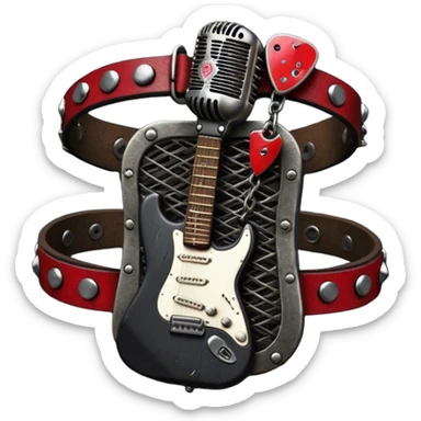 Create a powerful and dynamic humanless emoji representing rock vocals. The design should feature a classic vintage microphone with a rugged, distressed look, surrounded by elements like a guitar pick, electric guitar neck, and sound waves to reflect the raw energy of rock music. Add subtle details such as a spiked bracelet, leather textures, or bold lightning bolts to evoke the rebellious and intense spirit of rock. Use dark, edgy colors like black, red, silver, and metallic accents to emphasize the fierce, loud, and passionate nature of rock vocals. The background should be transparent. sticker