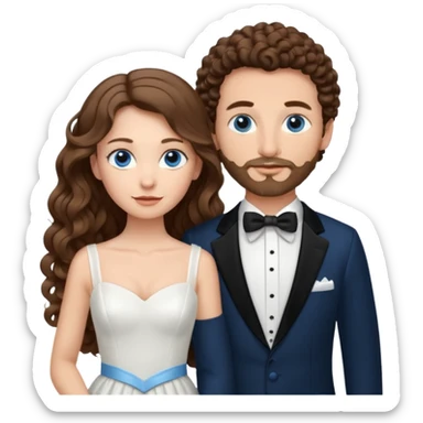 wedding couple, woman has very long and lightly curled brown hair and blue eyes, man has short light brown curly hair and facial hair with blue eyes sticker