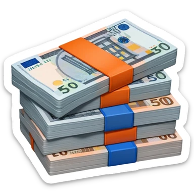neatly stacked banknotes in 5 euro (grey), 10 euro, (red), 20 euro (blue), and 50 euro (orange) arranged in a visible layered pile. sticker