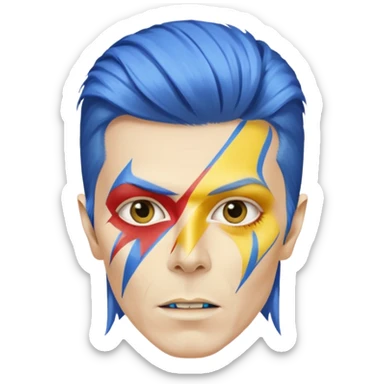A male rockstar wearing Ebay brand colours and David Bowie face paint sticker