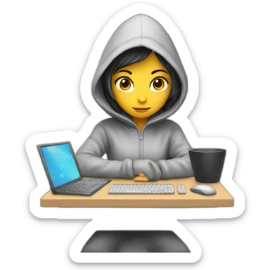 Young girl with a hood behind his computer and focus on his code  sticker