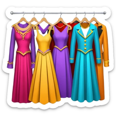create a series of images for Theatre costumes Inventory showing a rack of costumes ready for performance sticker