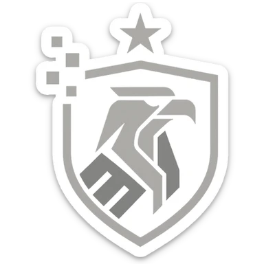 bold minimalistic logo for defense intelligence agency, stylized eagle in geometric form with shield digital pixel accents single star, dark blue gray metallic silver, clean lines futuristic easily recognizable sticker