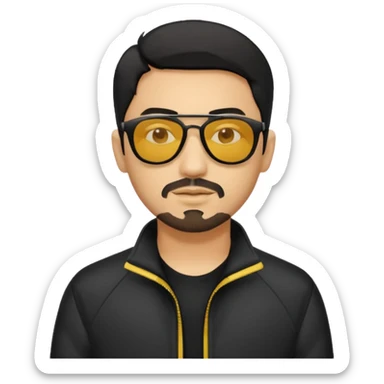 A man with middle part black hair sunglasses with yellowish glasses And black jacket. Goatee short black beard sticker