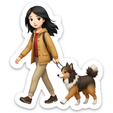 A girl with long black hair walking with a light brown collie sticker
