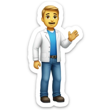 a male pharma employee, full body. waving with his right hand. Dressed with a round collar, white tshirt and blue jeans sticker