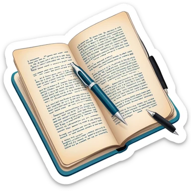 Create a detailed emoji representing the process of writing texts for comic books. The design should feature a large, open comic book with vintage comic strips visible on its pages. A pen should be shown writing text on one of the comic panels, but without a hand. The pencil should appear as though it is actively creating the dialogue or narration. Use a classic color palette with muted tones for the comic book and brighter accents on the pencil to draw attention to the writing process. Do not include any emojis or smiley faces. Make the background transparent. sticker